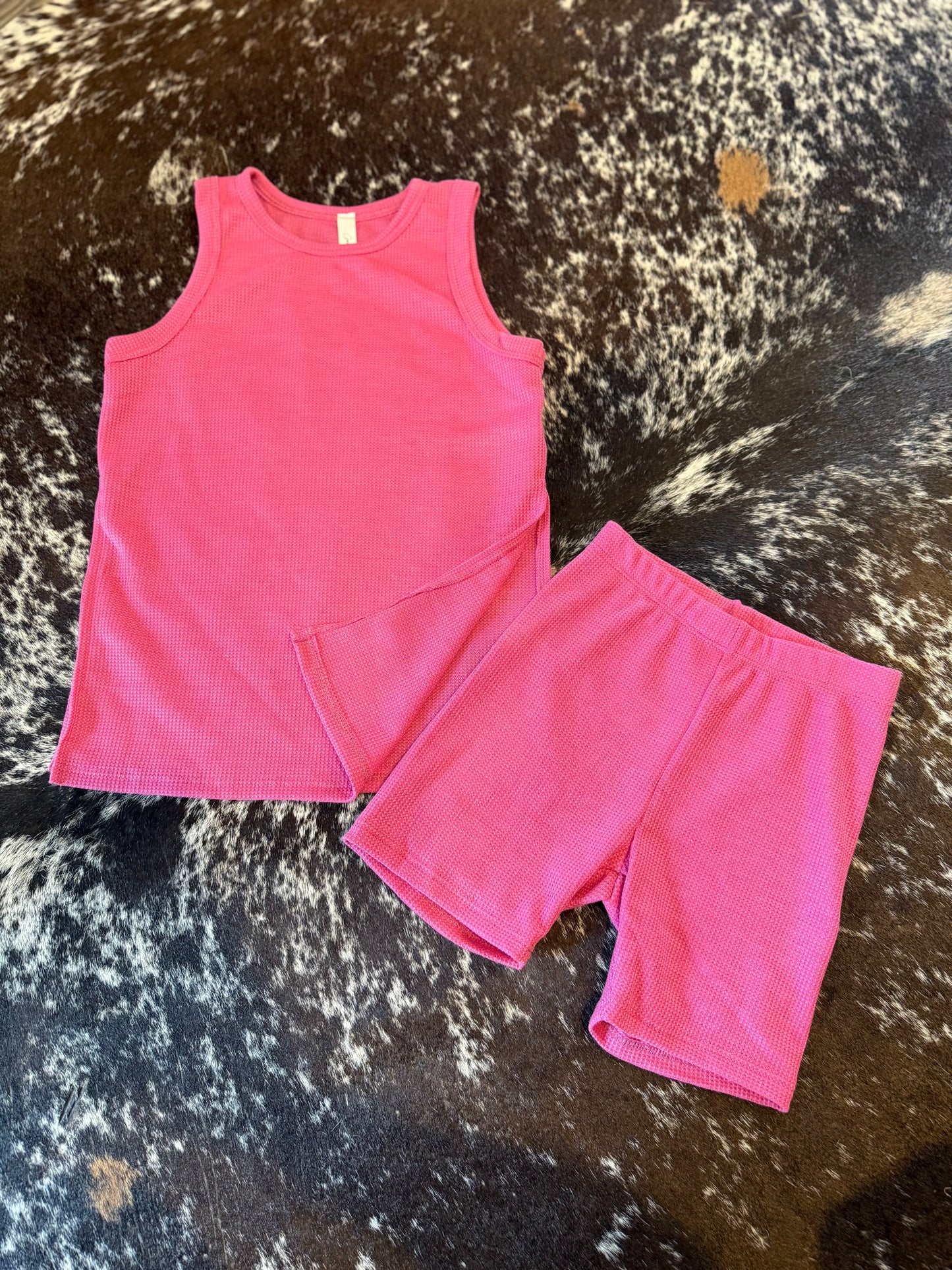 Waffle Knit Top & Biker Shorts Set *Hot Pink
