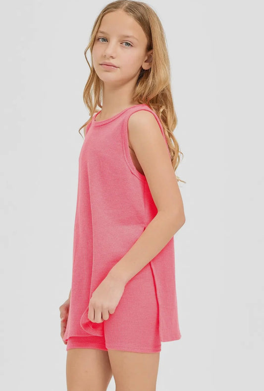 Waffle Knit Top & Biker Shorts Set *Hot Pink