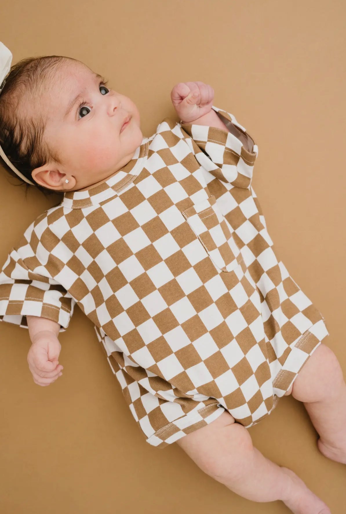 Brown Checkered Pocket Romper