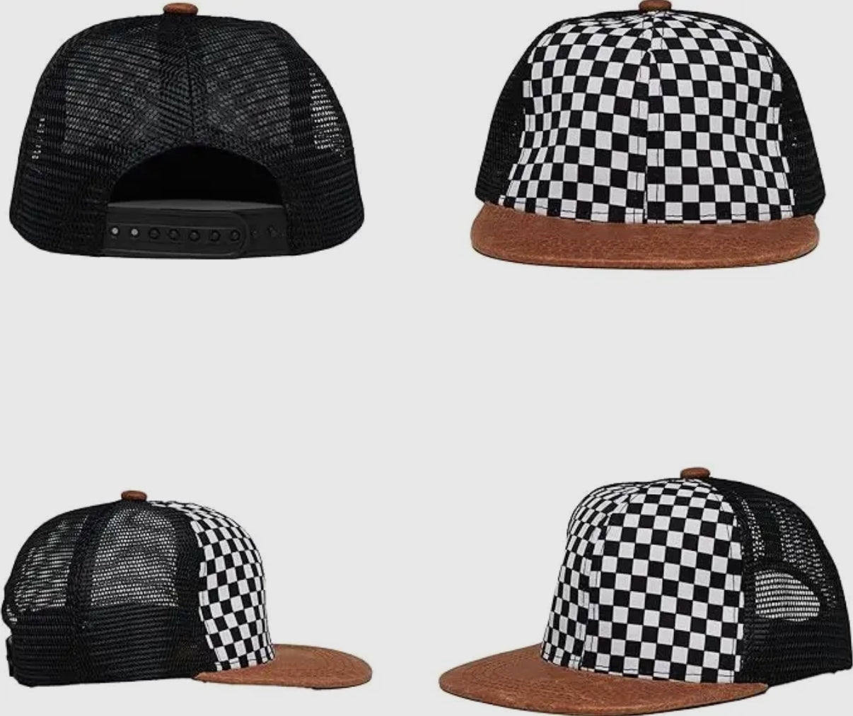 Checkered Trucker Flat Brim Hat