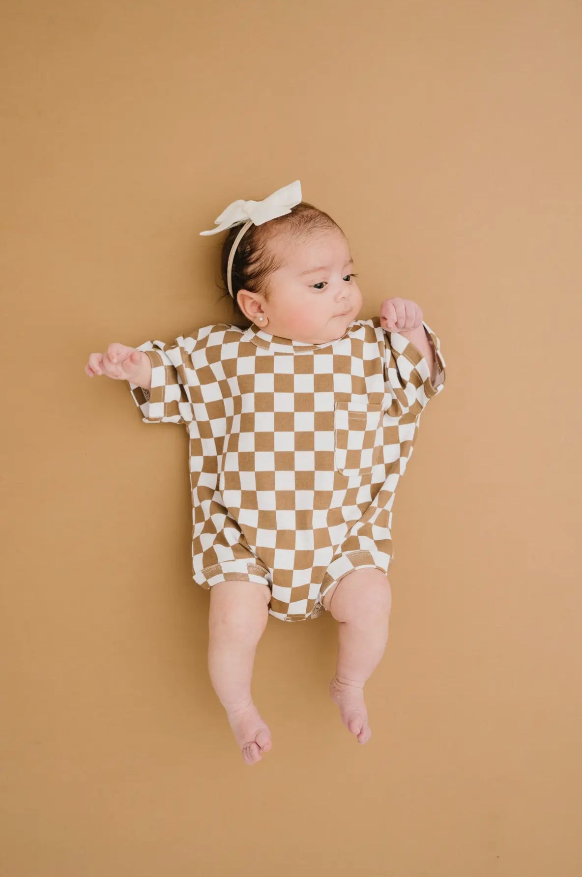 Brown Checkered Pocket Romper