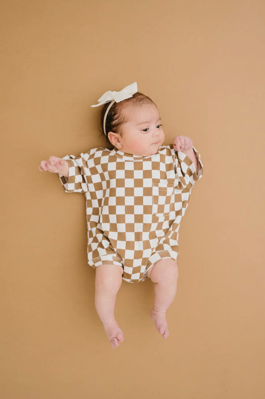 Brown Checkered Pocket Romper
