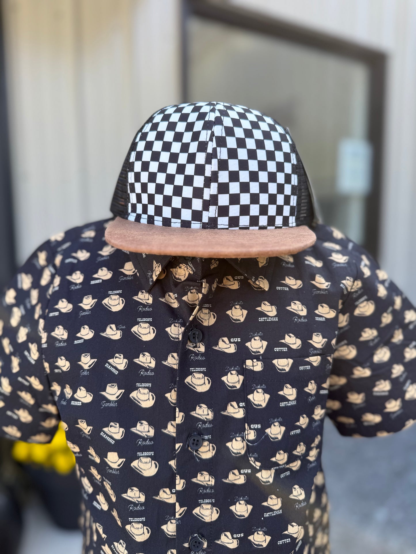 Checkered Trucker Flat Brim Hat