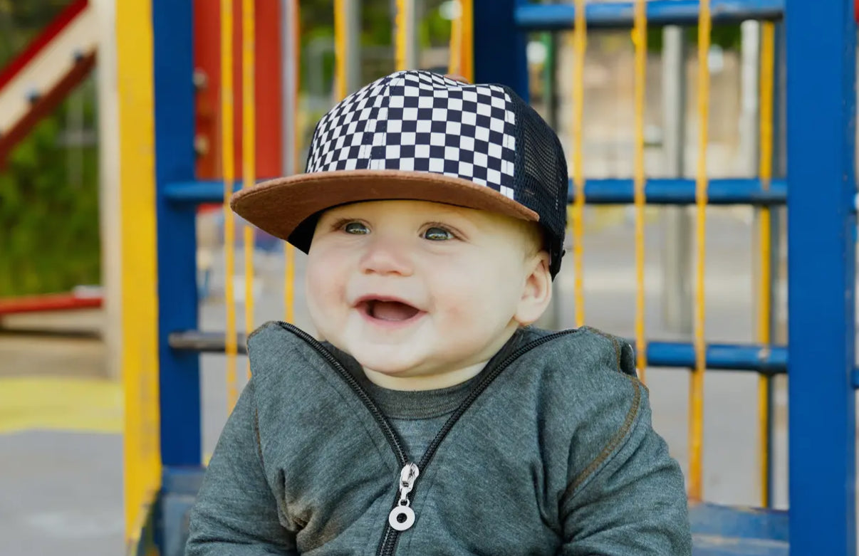 Checkered Trucker Flat Brim Hat